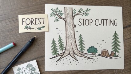 Illustration of a tree with a message urging conservation and protection of forests and natural habitats
