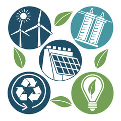 Collage of renewable energy icons including wind turbines solar panels recycling symbol light bulb and battery with green leaves on white background