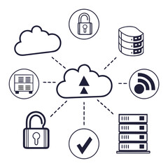 Cloud computing network diagram showing data storage servers security locks wireless connectivity and a confirmation checkmark symbol