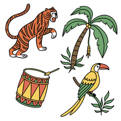 Cute cartoon tiger parrot palm tree and drum with tribal patterns on a white background