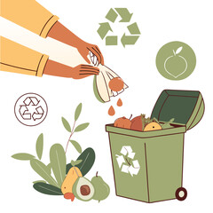 Hands composting organic food waste into a green bin with recycling symbols and fresh produce surrounding the scene