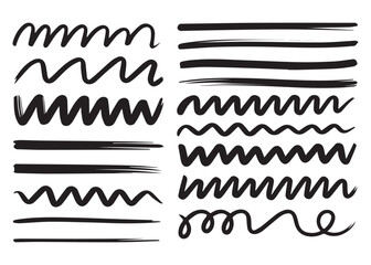 Collection of hand drawn black brush strokes and wavy lines on white background