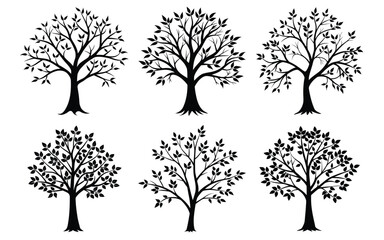 Collection of stylized black silhouette trees with detailed branches and leaves.
