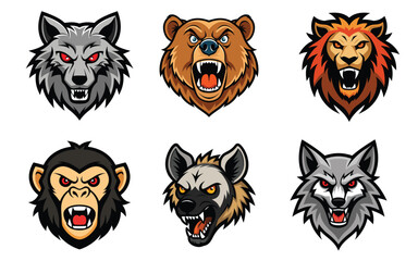 Collection of fierce animal heads including wolf, lion, bear, monkey, and hyena in a graphic style