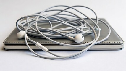 Wired earphones tangled on a smartphone, showcasing a modern tech accessory in a minimalist setting.
