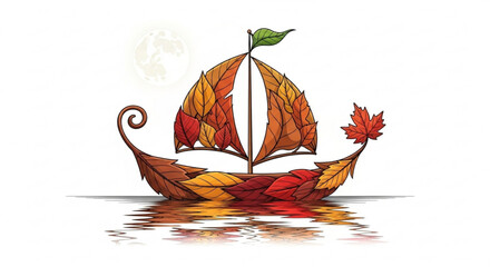 Illustration of a boat made of autumn leaves sailing on water with reflections under a bright moonlit sky