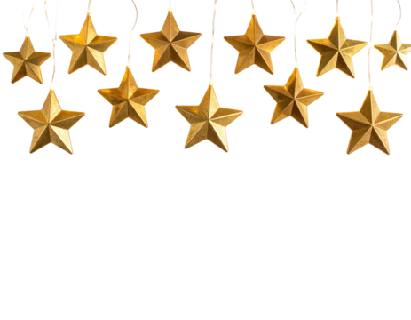 Golden Christmas Stars Hanging Border with Sparkling Lights, Isolated