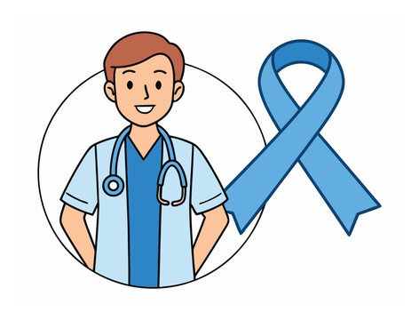 Cartoon doctor with light blue ribbon for prostate cancer awareness
