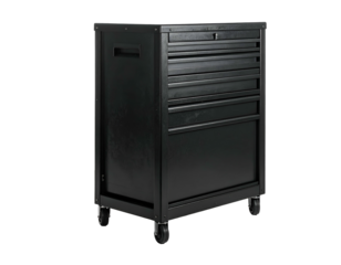 Sleek, black, rolling tool cabinet with multiple drawers and a bottom compartment