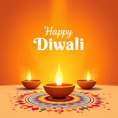 Minimalist flat vector illustration of glowing Diwali diya lamps with geometric rangoli pattern and Happy Diwali text in warm festive colors