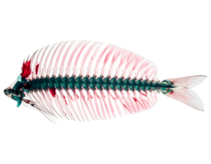 An X-ray-like view of a fish's skeleton, revealing bones and internal structure