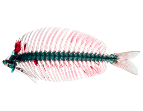 An X-ray-like view of a fish's skeleton, revealing bones and internal structure
