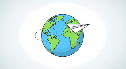 Cartoon Earth Globe with White Paper Airplane Flying Around World