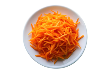 Julienned orange carrot strips piled on white ceramic plate, fresh vegetable preparation, isolated on a transparent background