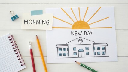 Morning Sunshine and New Beginnings with Illustration of a School Building and Bright Sun
