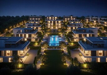 Obraz premium Symmetrical view of luxury villas at dusk, centered on a bright blue pool