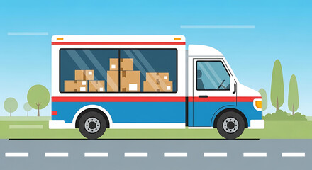 Blue and White Delivery Truck with Brown Boxes on Grey Road