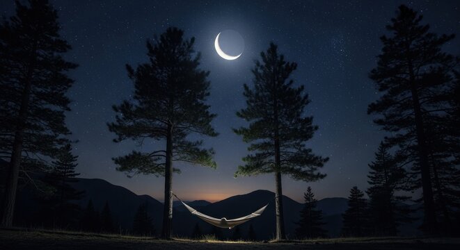 Serene nightscape featuring hammock strung between trees beneath a crescent moon and starry sky