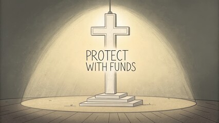 Illuminated Cross on Stage Symbolizing Protection and Financial Security in Minimalist Art Style