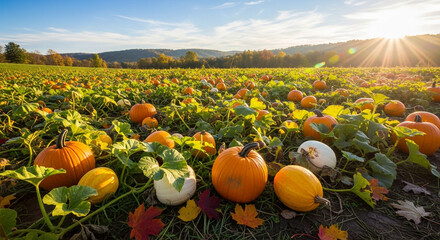 A vibrant pumpkin patch under a clear blue sky, with the sun casting a warm glow on the field of colorful pumpkins and autumn leaves
