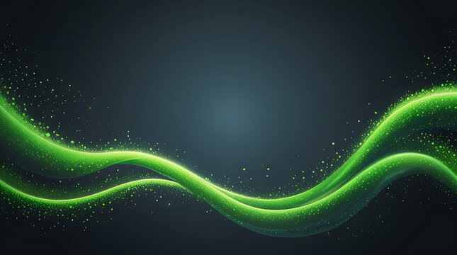 Abstract glowing green wave with particles on dark background