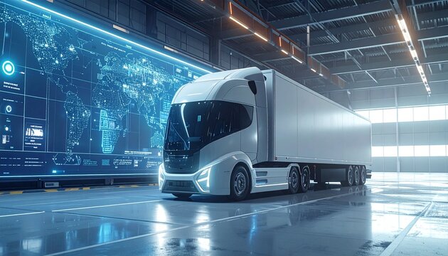 Futuristic 3D truck in warehouse with hologram logistics wall, showcasing modern supply chain, transport efficiency, and advanced freight technology