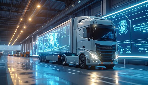 Futuristic 3D truck in warehouse with hologram logistics wall, showcasing modern supply chain, transport efficiency, and advanced freight technology - Powered by Adobe