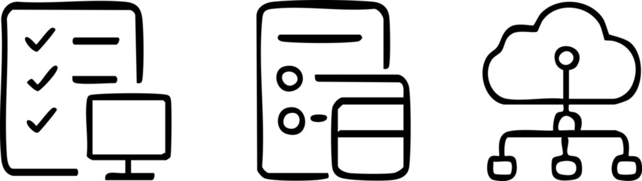 Set of three icons representing business and technology concepts.