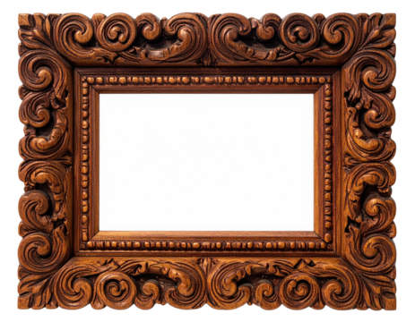Ornate wooden picture frame.  Intricate carvings adorn the border, creating a rich, detailed design with swirls and leaves.  The frame is a warm, reddish-brown hue