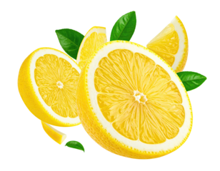 Fresh lemon slices with vibrant green leaves.  Slices are bright yellow, with white pith.  They appear to be in mid-air, arranged in a dynamic,  overlapping manner