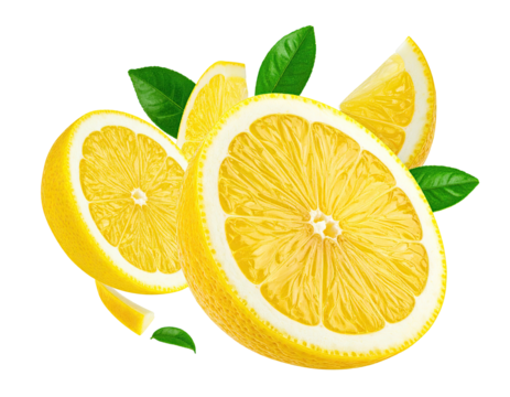 Fresh lemon slices with vibrant green leaves.  Slices are bright yellow, with white pith.  They appear to be in mid-air, arranged in a dynamic,  overlapping manner