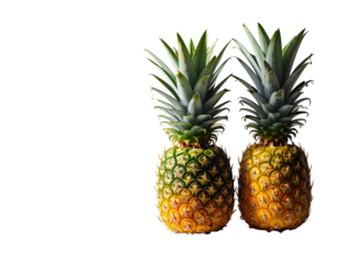 Two pineapples, vibrant yellow-gold skin, fresh green foliage, displayed against a dark background