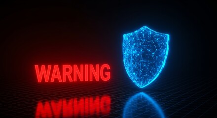 Warning Sign with Glowing Cyber Security Shield