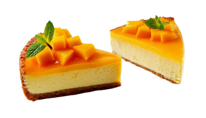 Delicious Mango Cheesecake Slice Duo with Mint Topping, isolated on transparent background