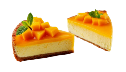  Delicious Mango Cheesecake Slice Duo with Mint Topping, isolated on transparent background