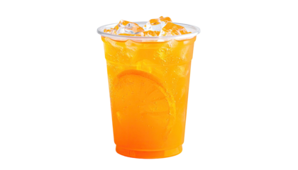 Large iced orange drink in clear plastic cup