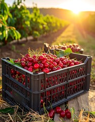 Freshly Harvested Cherries in Crate at Sunset.