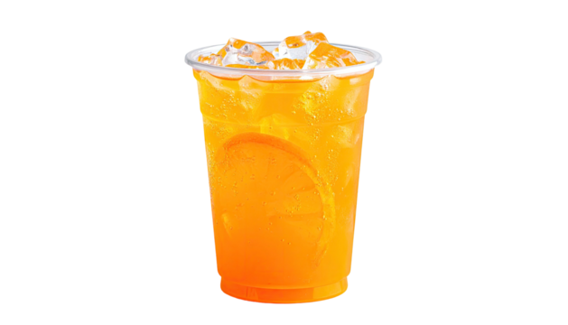Large iced orange drink in clear plastic cup