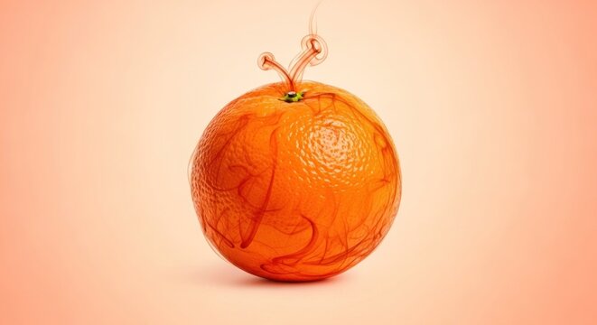 An orange fruit, center frame, with swirling, reddish-orange wisps seemingly emanating from its surface against a peach-toned background