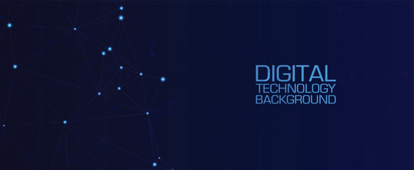 Digital technology background with glowing network connections on dark blue.