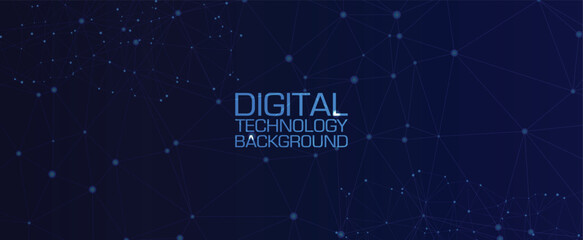 Digital technology background with glowing network connections on dark blue.