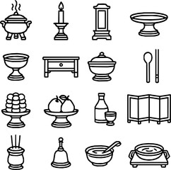 Korean Jesa Ritual Icons — 16 Minimal Line Vector Set