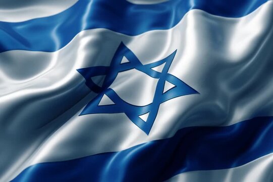 Close-up video of Israel flag background, realistic vector-style illustration, high-definition, vibrant colors, smooth motion, clean and detailed, suitable for digital design or cinematic use