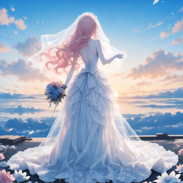 後ろ姿の花嫁と空。ウェディングドレスを着たピンクの髪の女性。水彩画風のAIイラスト