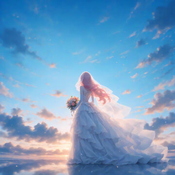 後ろ姿の花嫁と空。ウェディングドレスを着たピンクの髪の女性。水彩画風のAIイラスト