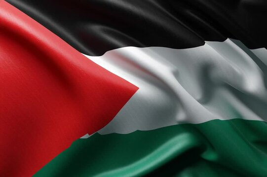 Close-up video of Palestine flag background, realistic vector-style illustration, high-definition, vibrant colors, smooth motion, clean and detailed, suitable for digital design or cinematic use