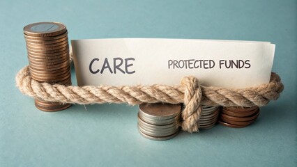 Careful Management of Protected Funds with Coins and Paper Labels for Financial Planning and Budgeting Concepts