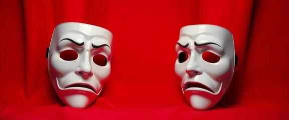Two white theatrical masks, sad expressions, against a vibrant red background,  red,  performance