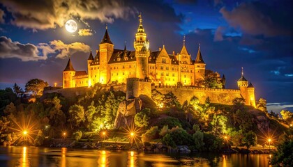 Illuminated Medieval Castle on Hilltop at Night with Full Moon Glow and Reflective Water