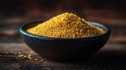 A dark bowl filled with a mound of yellow millet grains on a wooden surface close up